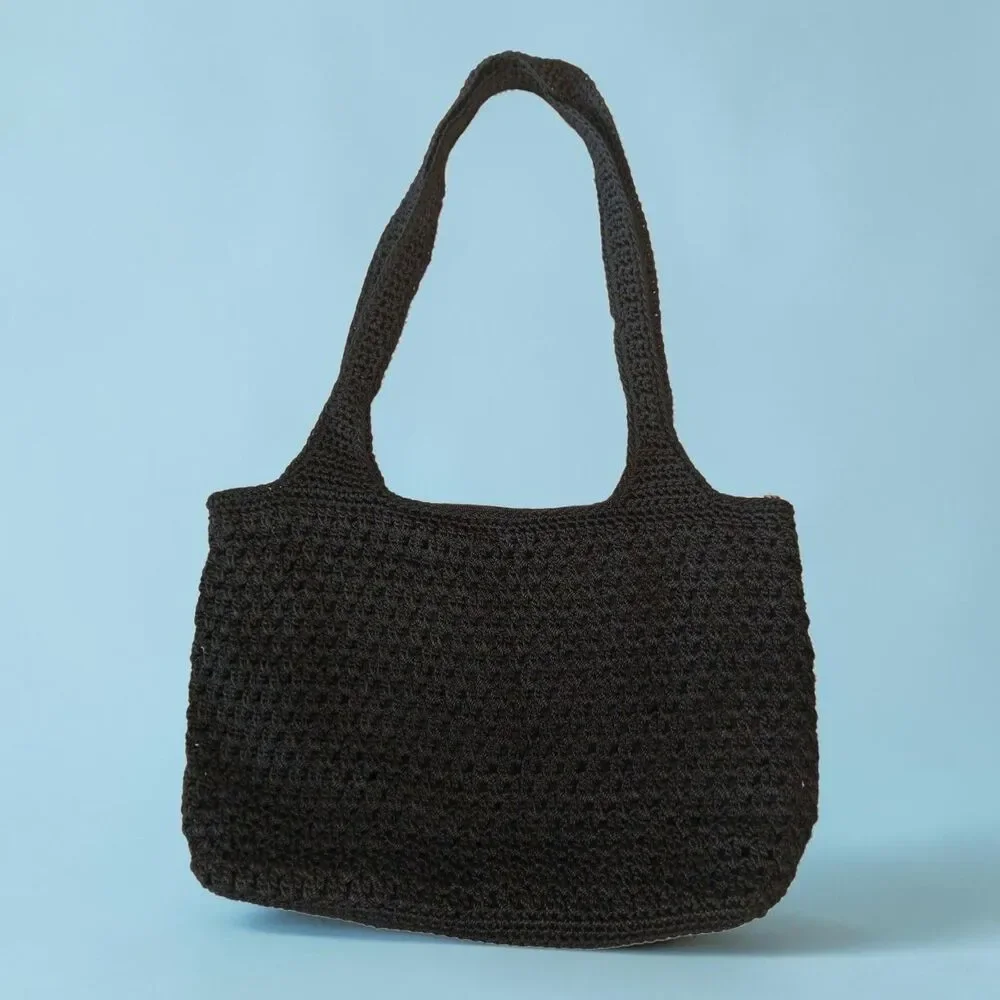 The Sak Black Crochet Knit Handbag Boho Y2K Hobo Shoulder Tote Purse Bag